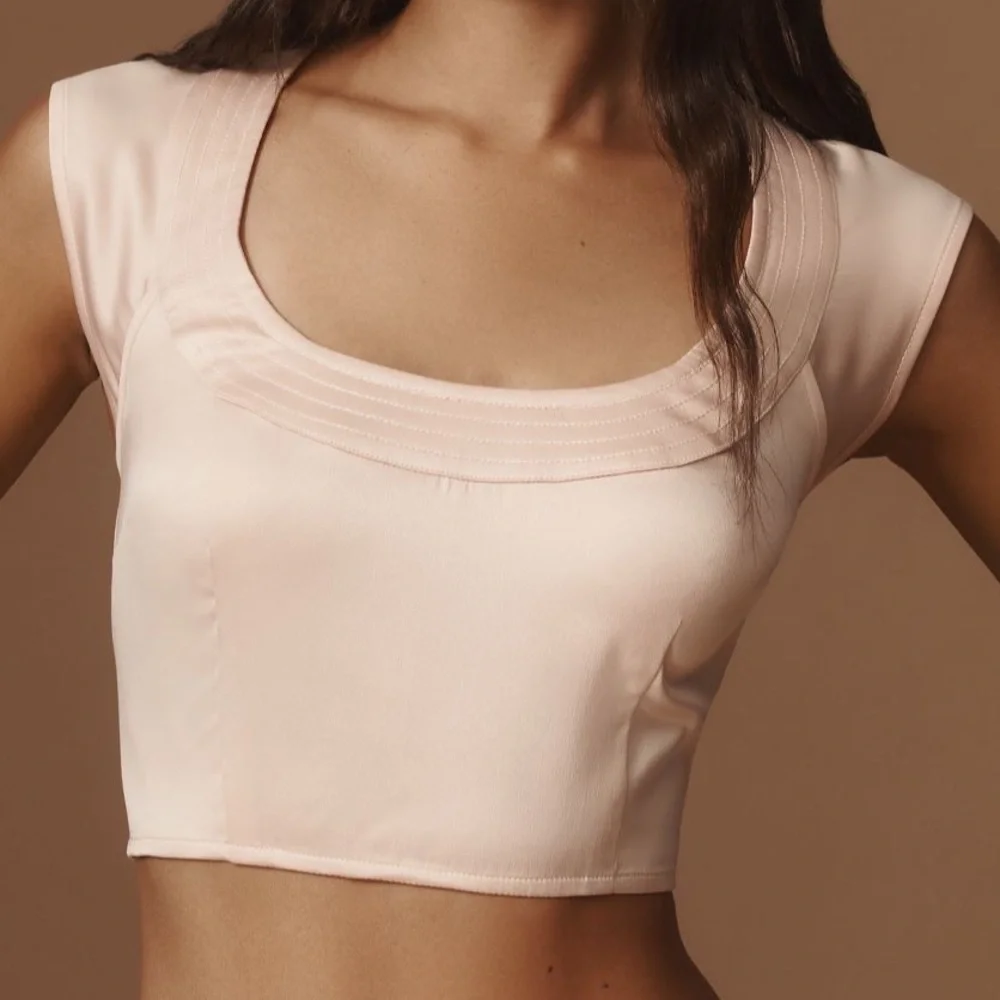 Anthropologie Scoop-Neck Silky Crop Top Peach Back Zip - Picture 1 of 5